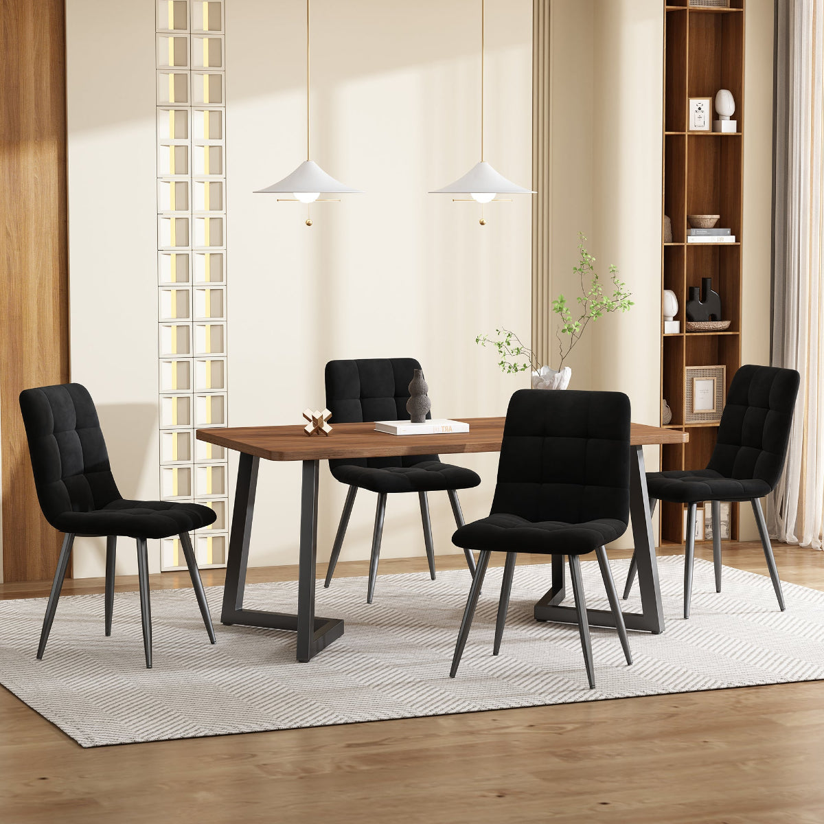 5-teiliges Esszimmer-Set mit moderner Tischgruppe und Samtstühlen – The Vintage Emporium